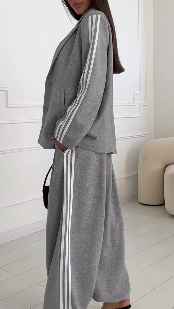 Women Lapel Vertical Striped Jacket + Pants Casual Suit