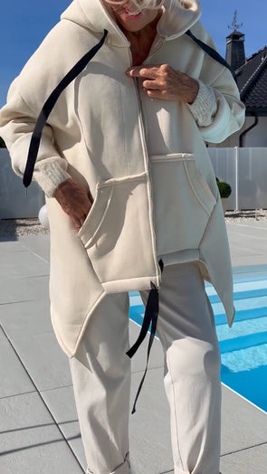 Women Hooded Drawstring Irregular Printed Letters Casual Coat