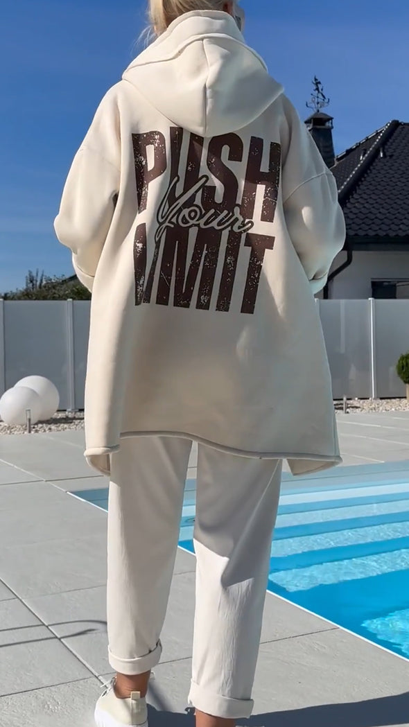 Women Hooded Drawstring Irregular Printed Letters Casual Coat