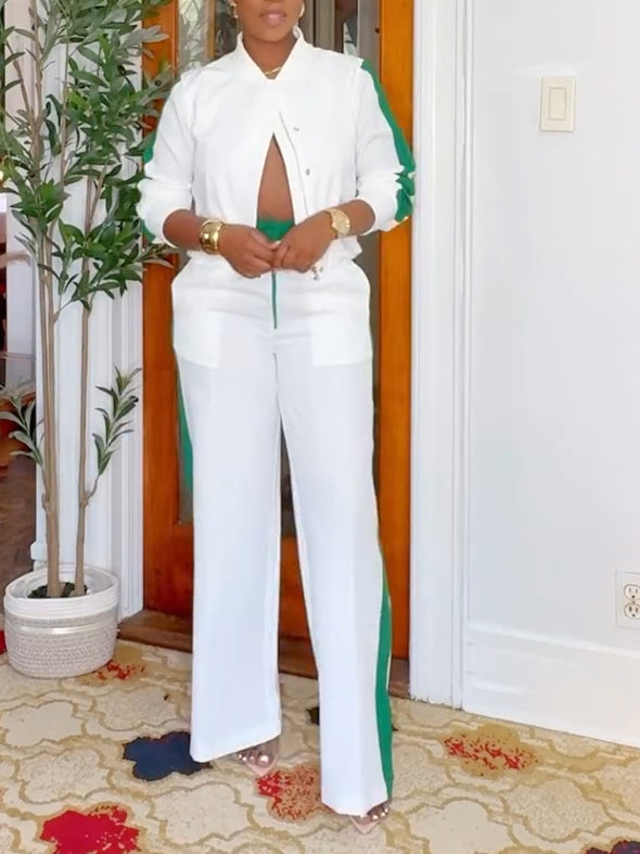Casual Side Color Block Jacket + Pants Suit