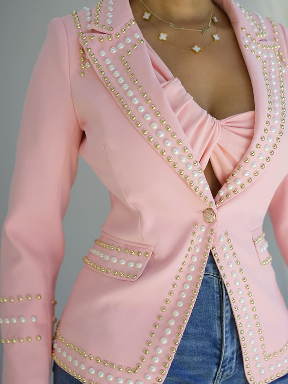 Fashion Peak Collar Beaded Slim Fit Blazer