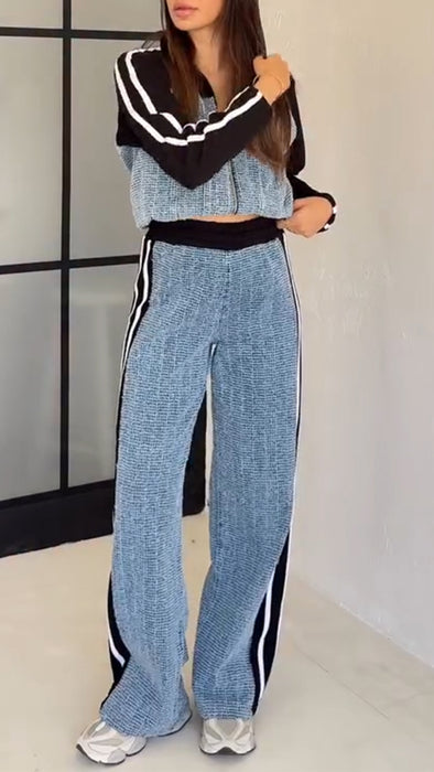 Women Lapel Contrast Color Stitching Jacket + Pants Casual Suit