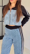 Women Lapel Contrast Color Stitching Jacket + Pants Casual Suit