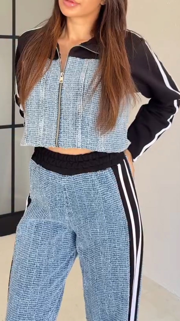 Women Lapel Contrast Color Stitching Jacket + Pants Casual Suit