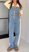 Women Lapel Contrast Color Stitching Jacket + Pants Casual Suit
