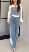 Women Lapel Contrast Color Stitching Jacket + Pants Casual Suit
