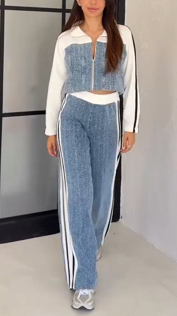 Women Lapel Contrast Color Stitching Jacket + Pants Casual Suit