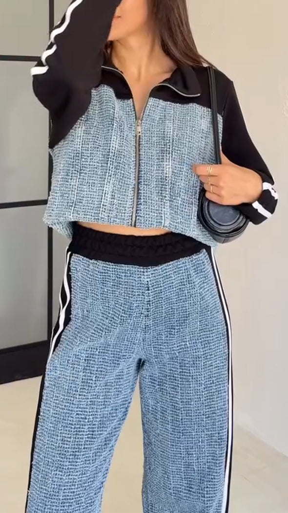 Women Lapel Contrast Color Stitching Jacket + Pants Casual Suit