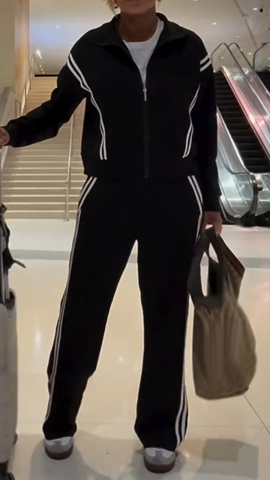 Women Lapel Vertical Striped Jacket + Pants Casual Suit