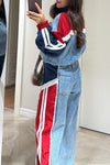 Women Round Neck Patchwork Denim Jacket + Pants Casual Suit