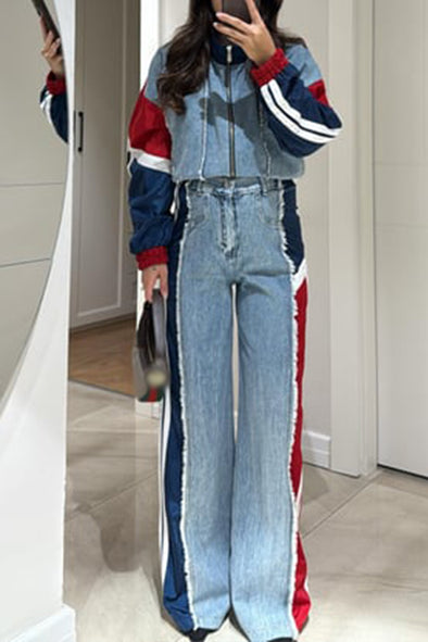Women Round Neck Patchwork Denim Jacket + Pants Casual Suit