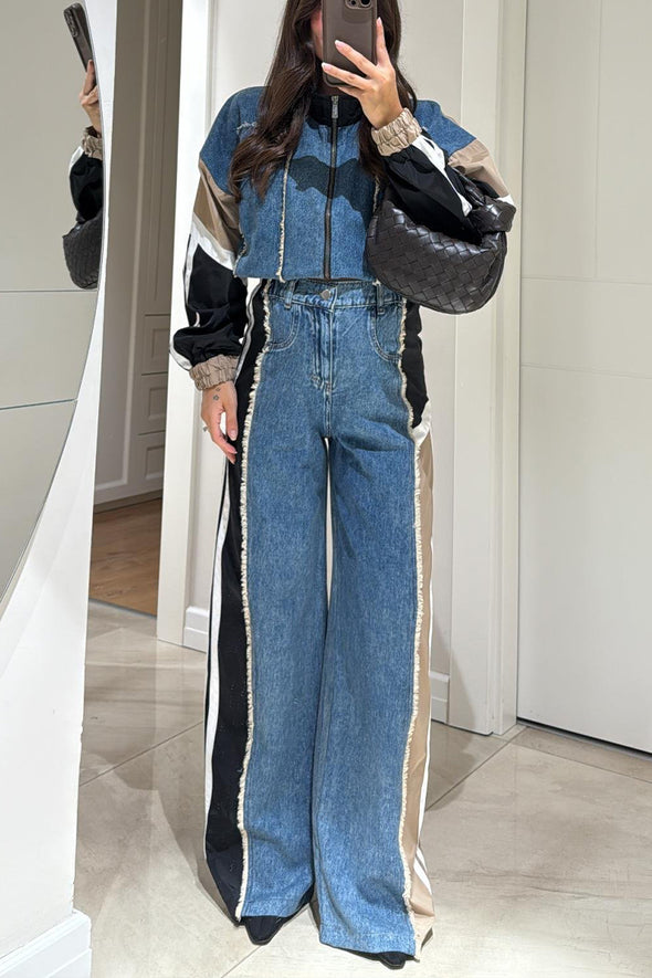 Women Round Neck Patchwork Denim Jacket + Pants Casual Suit