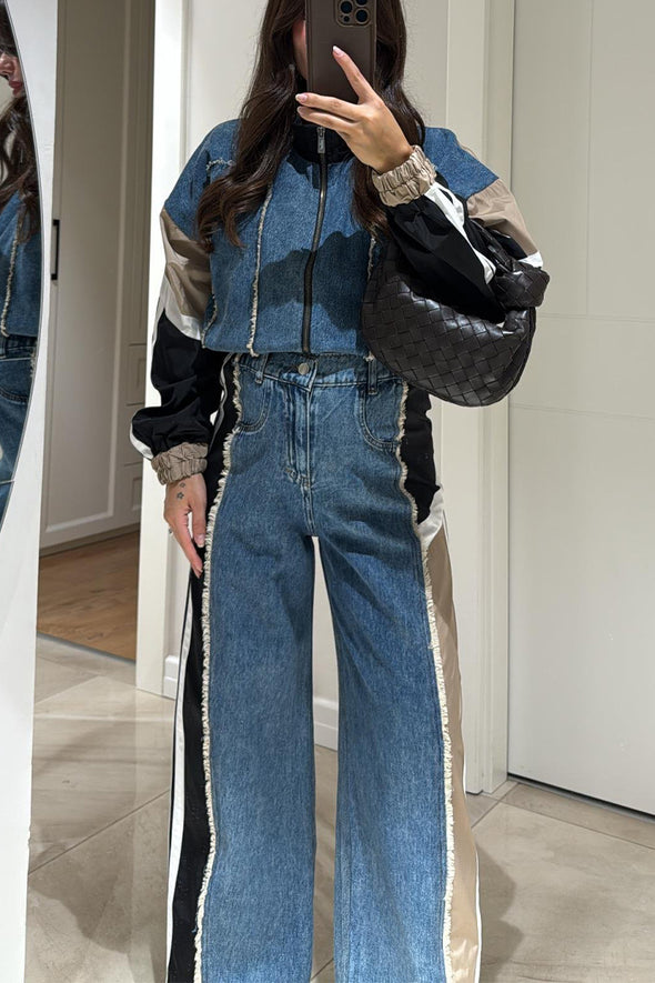 Women Round Neck Patchwork Denim Jacket + Pants Casual Suit