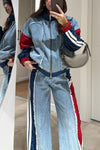 Women Round Neck Patchwork Denim Jacket + Pants Casual Suit