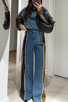 Women Round Neck Patchwork Denim Jacket + Pants Casual Suit