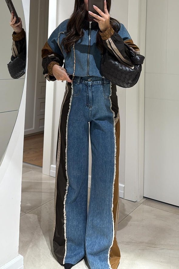 Women Round Neck Patchwork Denim Jacket + Pants Casual Suit
