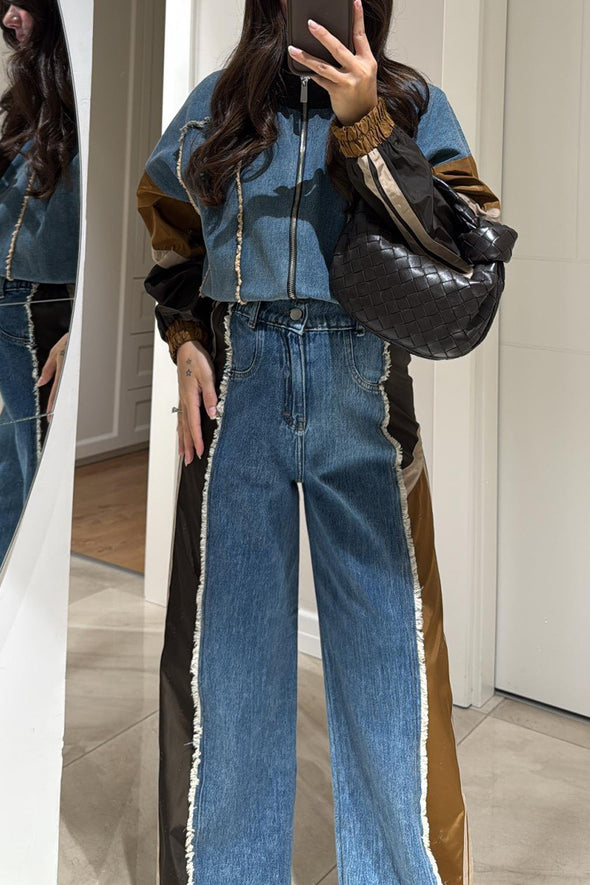 Women Round Neck Patchwork Denim Jacket + Pants Casual Suit