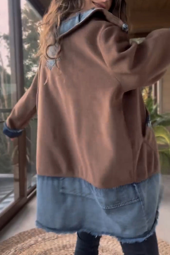 Women Lapel Patchwork Denim Casual Jacket