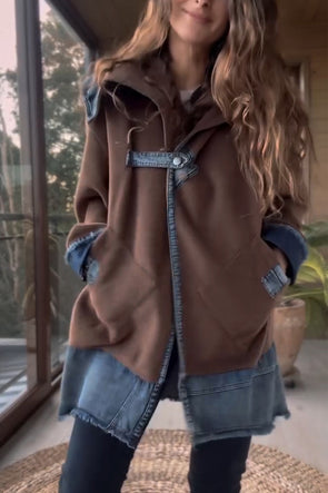 Women Lapel Patchwork Denim Casual Jacket