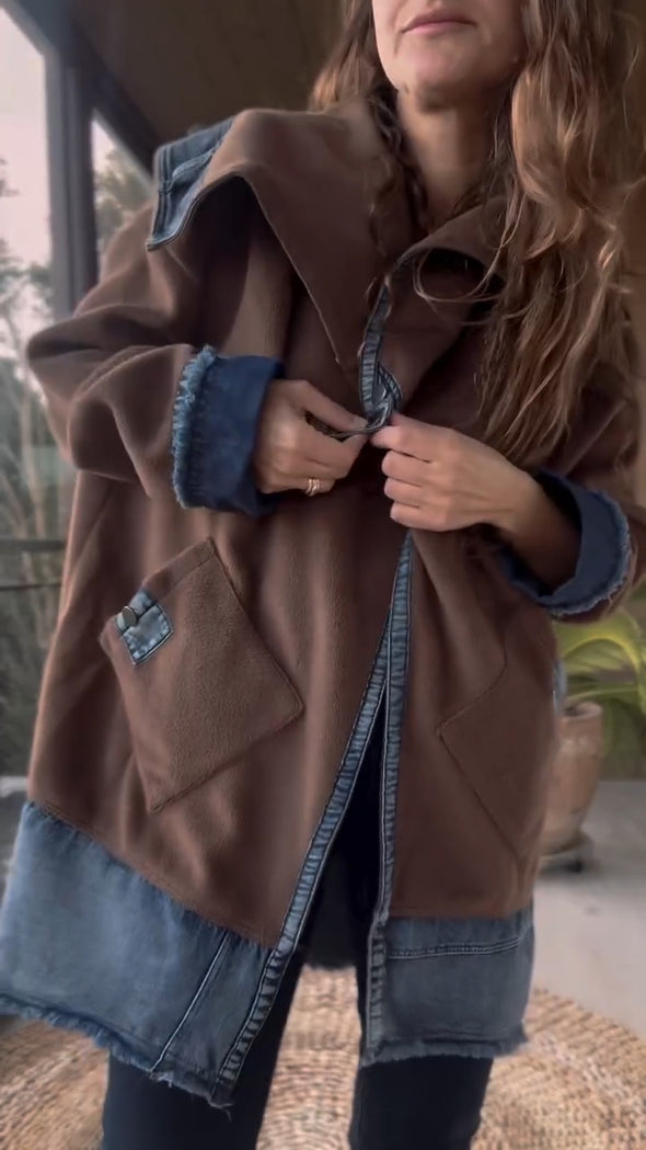 Women Lapel Patchwork Denim Casual Jacket
