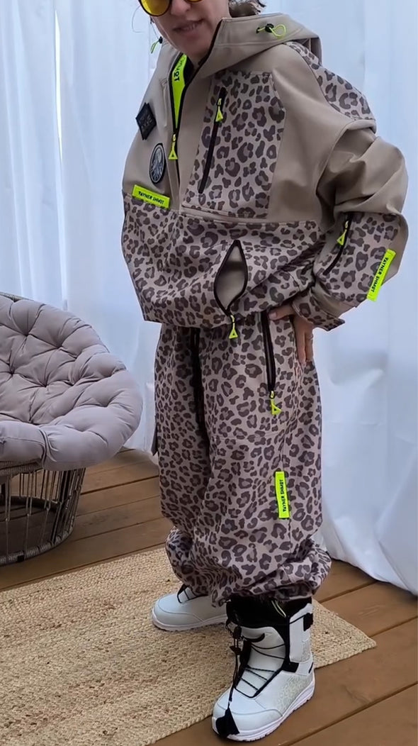 Women Half Zip Leopard Print Jacket + Pants Casual Set