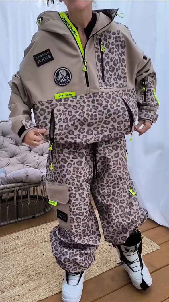 Women Half Zip Leopard Print Jacket + Pants Casual Set