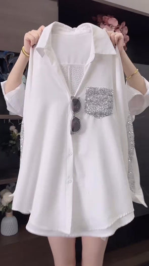 Ladies Collar Patchwork Sequin Casual Shirt
