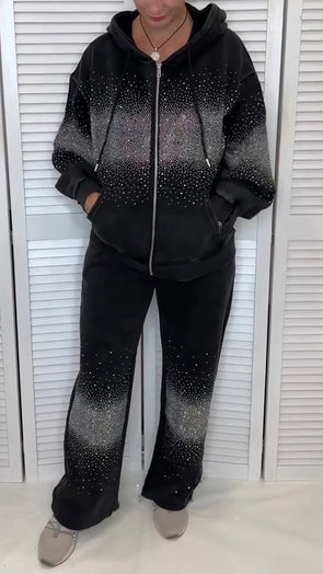 Women Rhinestone Jacket + Pants Casual Suit