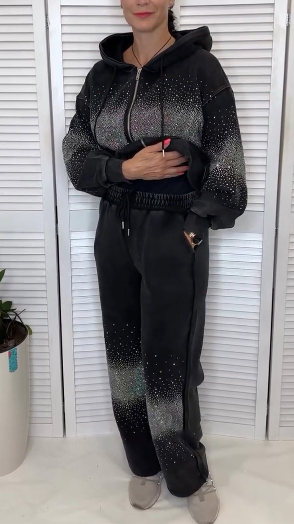 Women Rhinestone Jacket + Pants Casual Suit