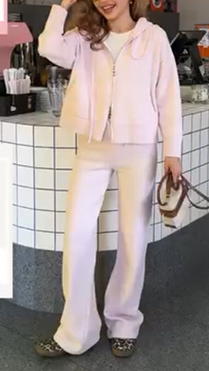 Women Round Neck Zipper Jacket + Pants Solid Color Casual Suit