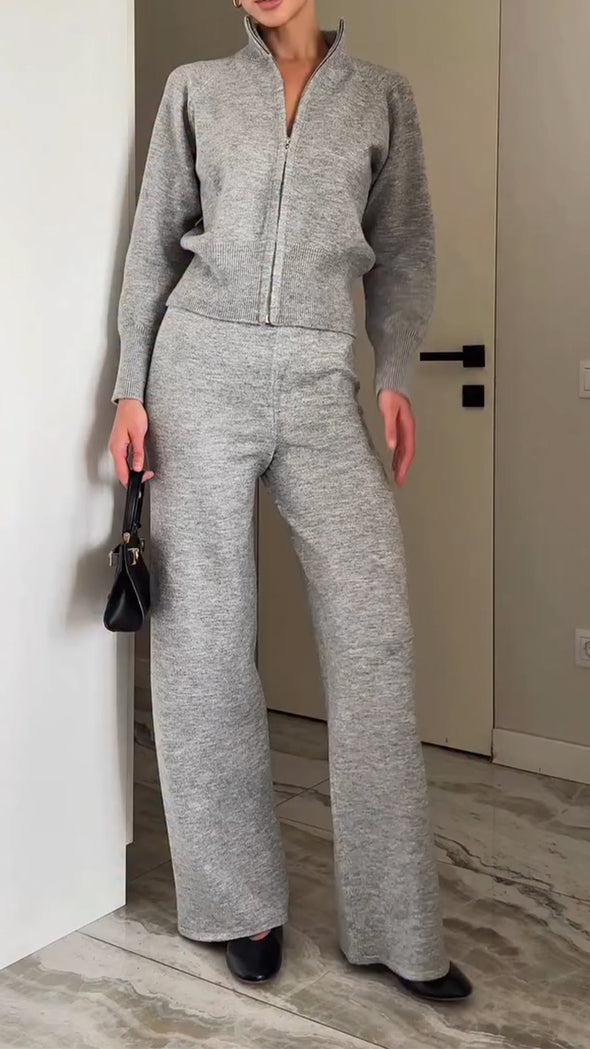 Women Round Neck Zipper Jacket + Pants Casual Suit