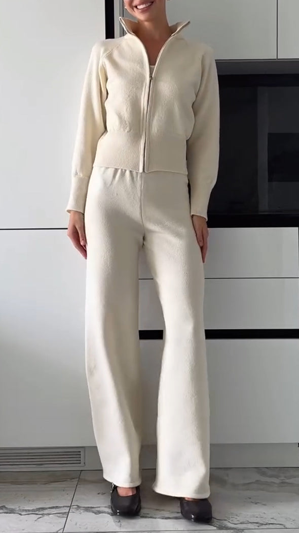 Women Round Neck Zipper Jacket + Pants Casual Suit