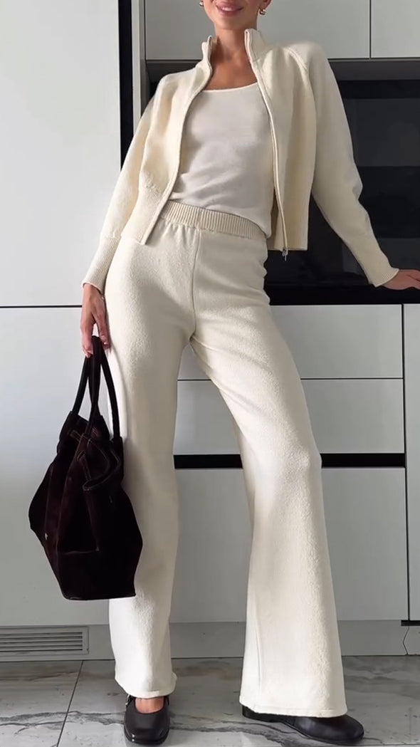 Women Round Neck Zipper Jacket + Pants Casual Suit