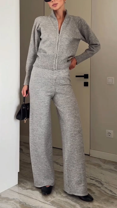 Women Round Neck Zipper Jacket + Pants Casual Suit