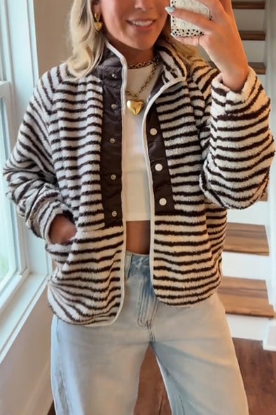 Womens Stand-up Collar Striped Plush Casual Jacket
