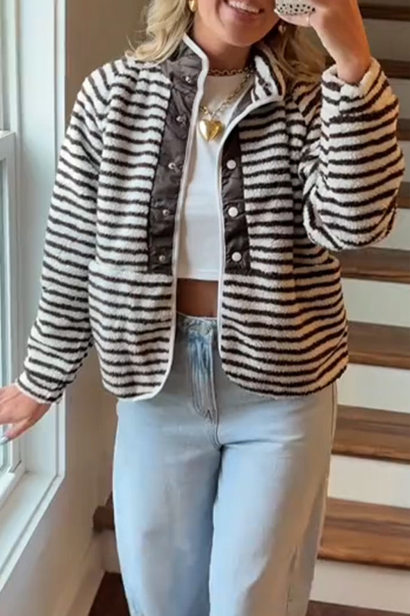 Womens Stand-up Collar Striped Plush Casual Jacket