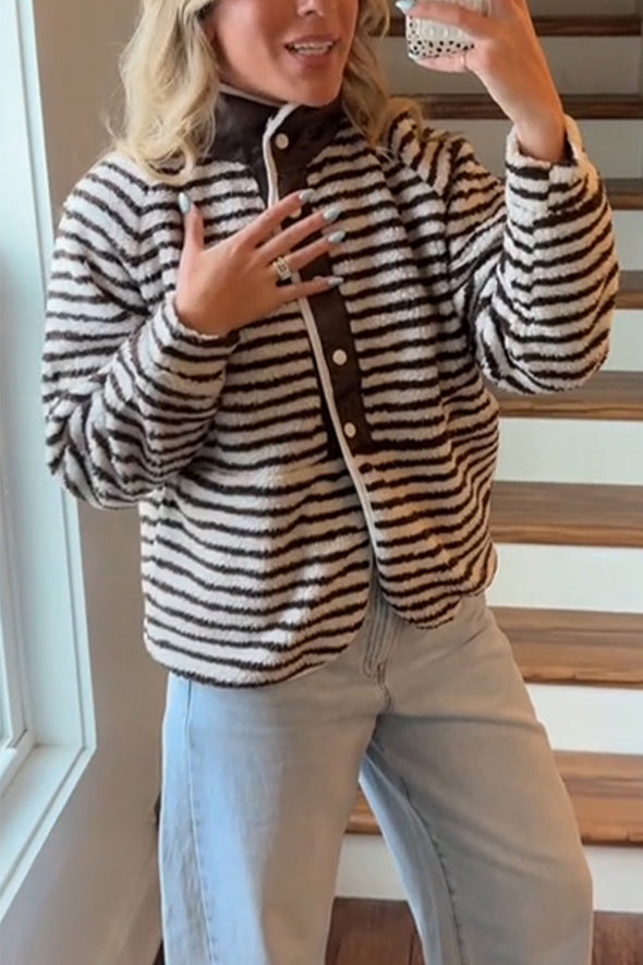 Womens Stand-up Collar Striped Plush Casual Jacket