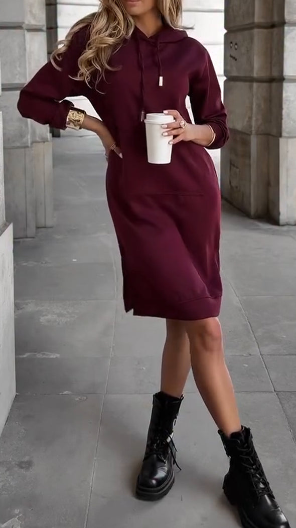 Women Round Neck Hooded Drawstring Casual Dress