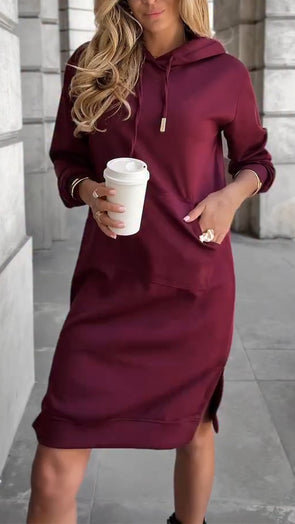 Women Round Neck Hooded Drawstring Casual Dress