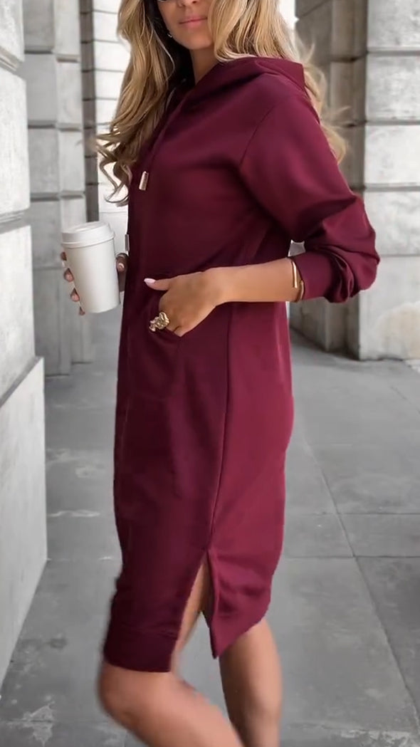 Women Round Neck Hooded Drawstring Casual Dress
