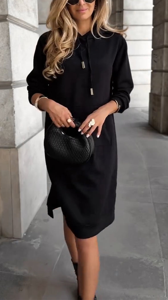 Women Round Neck Hooded Drawstring Casual Dress