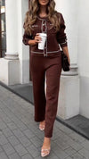 Women Round-neck Button-down Top + Pants Casual Suit