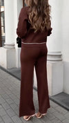 Women Round-neck Button-down Top + Pants Casual Suit