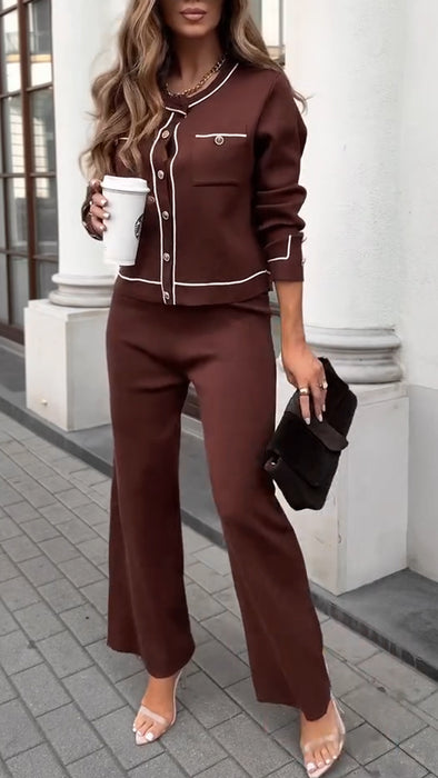 Women Round-neck Button-down Top + Pants Casual Suit