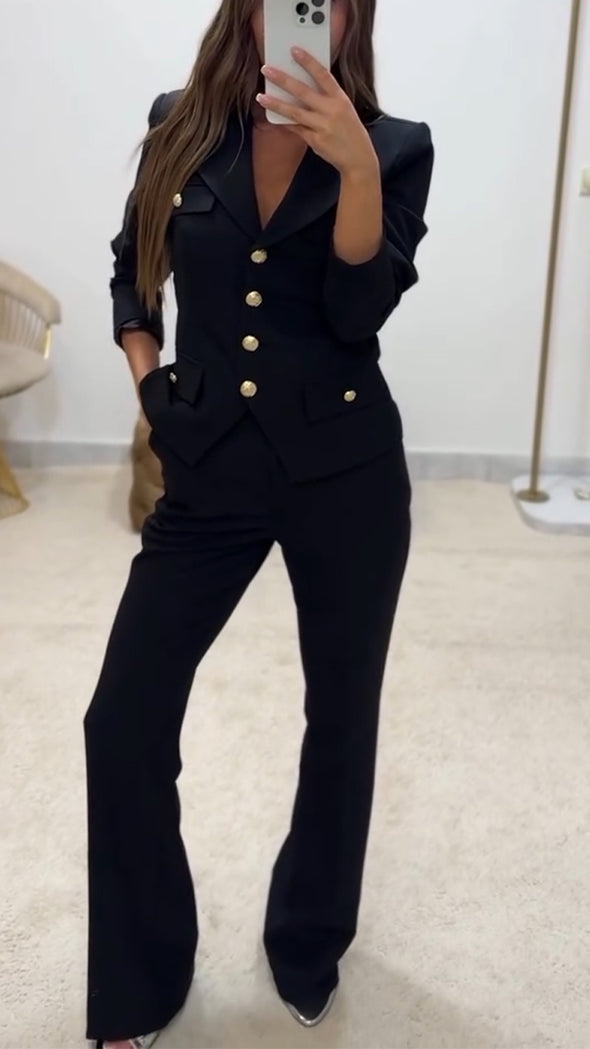 Women Lapel Button-down Top + Pants Temperament Commuter Suit