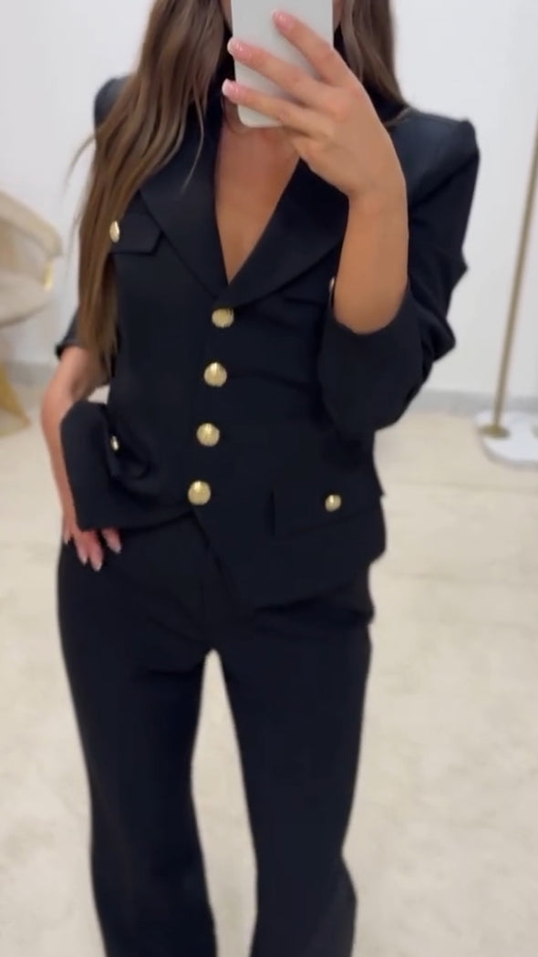 Women Lapel Button-down Top + Pants Temperament Commuter Suit
