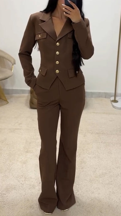 Women Lapel Button-down Top + Pants Temperament Commuter Suit