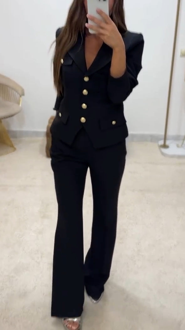 Women Lapel Button-down Top + Pants Temperament Commuter Suit