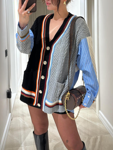 Casual Striped Panel Chunky Knit Cardigan