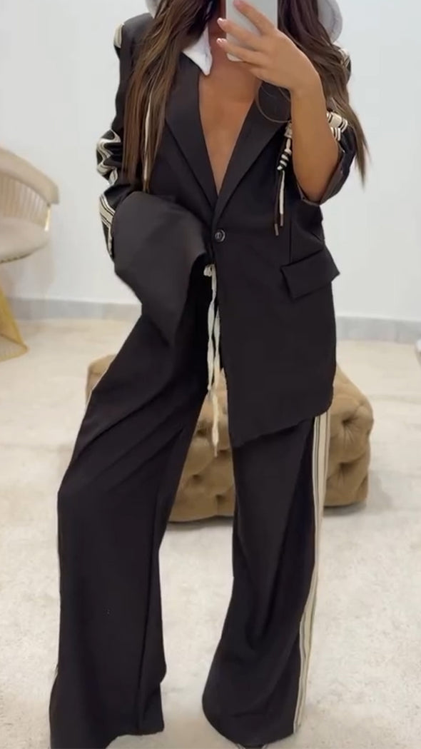 Womens Lapel Vertical Striped Jacket + Pants Casual Suit